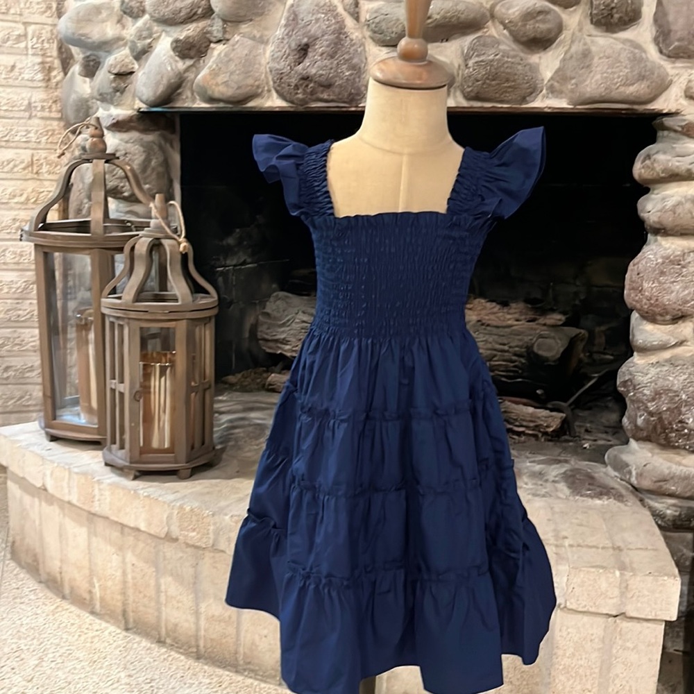 Hill House Navy Blue Smocked Flutter-Sleeve Girls Dress